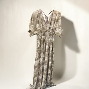 Taupe Leaf-Print Maxi Dress with V-Neck and Smocked Waist